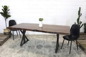 Live Edge Acacia Wood Table with Farmhouse Brushed Metal Legs Honey Walnut - Woodify
