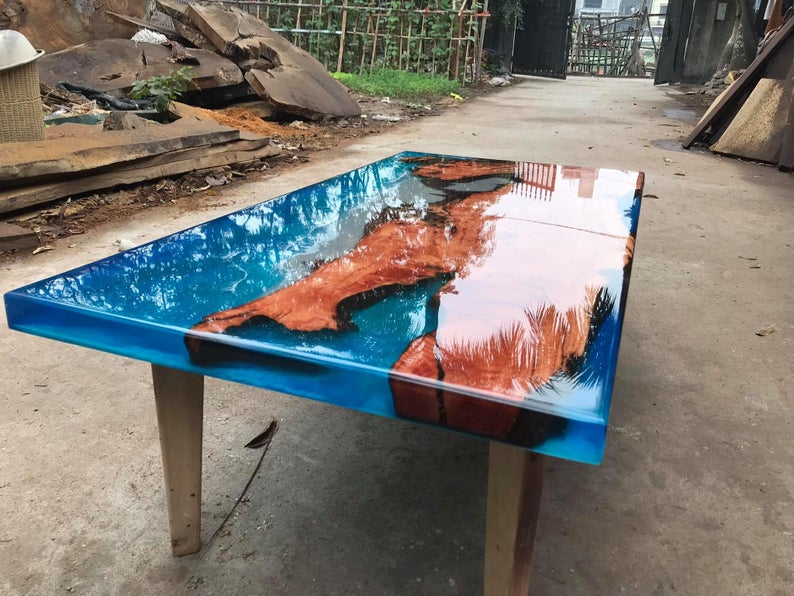 Customizable Blue Epoxy River Ocean Table 7 Foot