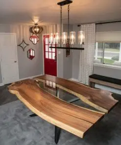 Live Edge Dining Table, Bookmatched Mesquite W - Glass Inlay