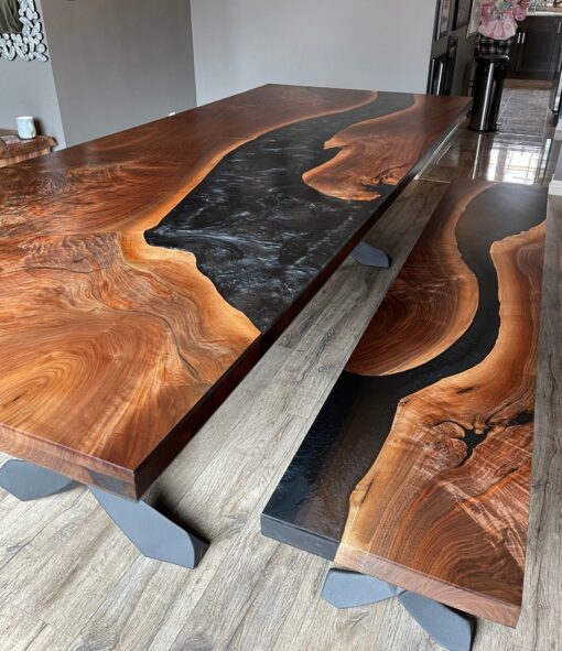 Epoxy Resin Black Dining Table with Bench - Woodify Canada