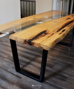 Oak live edge river dining table with glass inlay - Woodify Canada