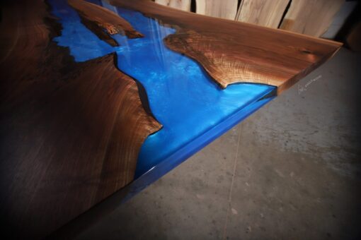 Semi Transparent Walnut Blue Epoxy River Live Edge Table - Woodify 2