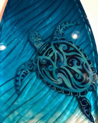 Epoxy Ocean Coffee Table with waves and Turtle Art