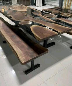 10ft x 4ft Black Epoxy River Island Live Edge Table with Benches Woodify
