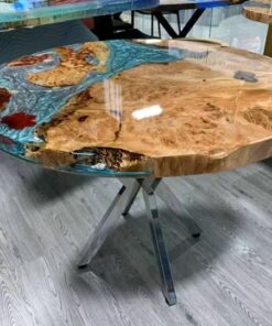 Round Blue Epoxy Ocean Live Edge Table with Islands 1