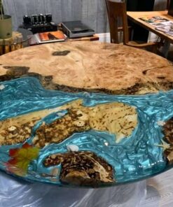 Round Blue Epoxy Ocean Live Edge Table with Islands