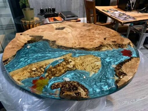 Round Blue Epoxy Ocean Live Edge Table with Islands
