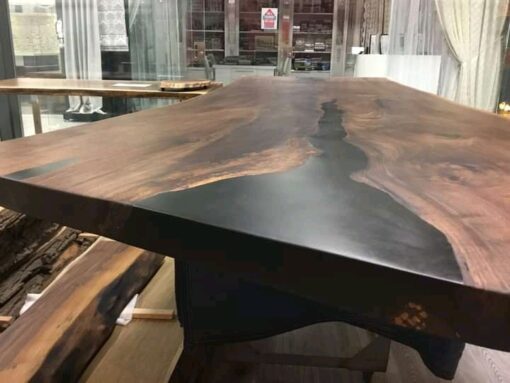 9ft Single Slab Live Edge Walnut Dining Table with Epoxy Highlights