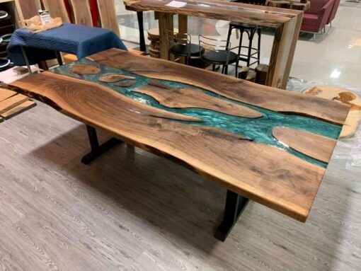 Turquoise River Live Edge Dining Table with Islands 4