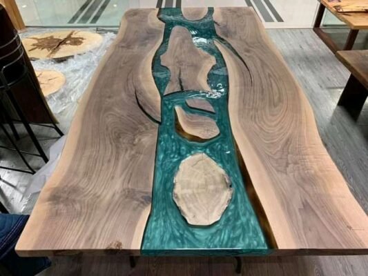 Turquoise River Live Edge Dining Table with Islands 1
