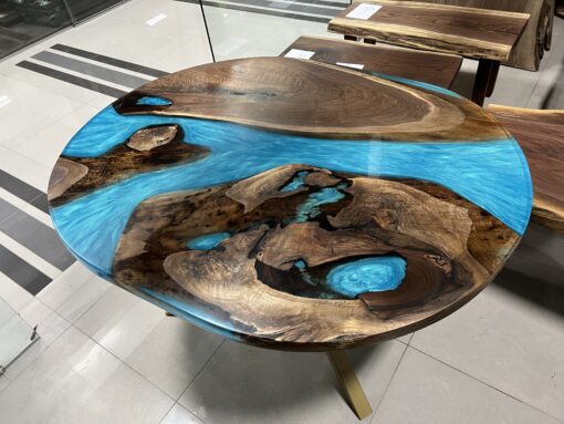 Oval Blue Epoxy Live Edge River with Islands