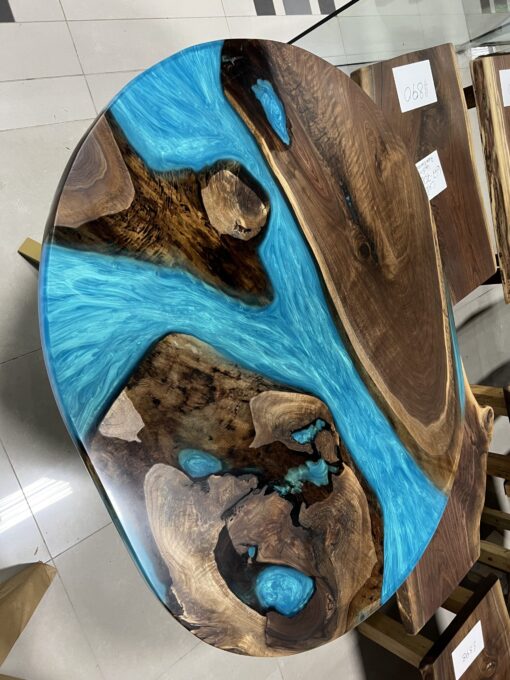 Round Blue Epoxy Live Edge River Table with Gold Legs 1