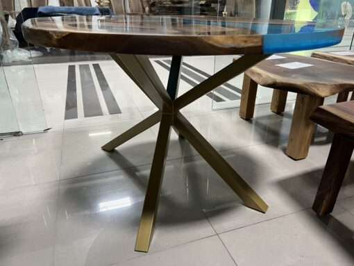 Round Blue Epoxy Live Edge River Table with Gold Legs 3