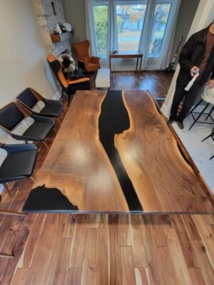 Walnut Dining Table 6ft x 4ft Black Epoxy with Z-Shaped Legs