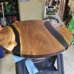 Round Maple coffee table with transparent grey epoxy 42
