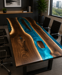 Black walnut epoxy river boardroom table in conference room setting