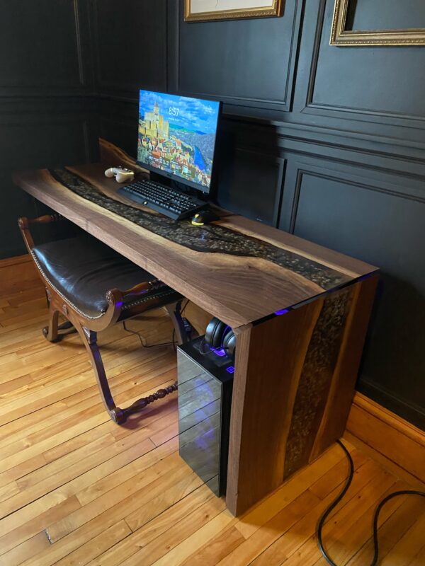 5ft 10" x 21" Black Walnut Epoxy Waterfall Desk with Rock & Tools Features 1