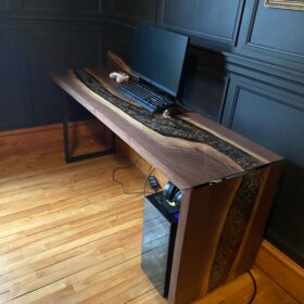5ft 10" x 21" Black Walnut Epoxy Waterfall Desk with Rock & Tools Features 5