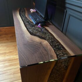 5ft 10" x 21" Black Walnut Epoxy Waterfall Desk with Rock & Tools Features 9
