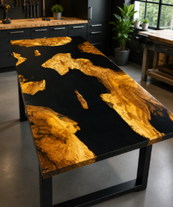 Maple burl live edge table with black epoxy river, 6'8