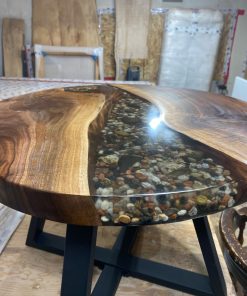 2ft Round Black Walnut Epoxy River with Rock Feature Coffee Table 5