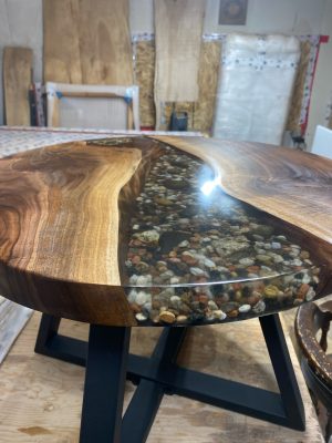 2ft Round Black Walnut Epoxy River with Rock Feature Coffee Table 5