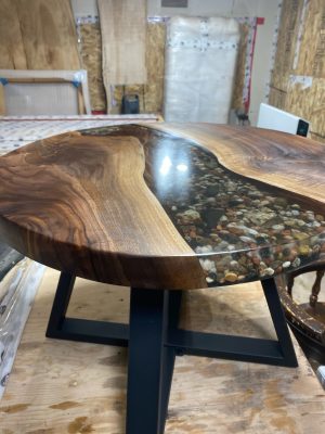 2ft Round Black Walnut Epoxy River with Rock Feature Coffee Table 6