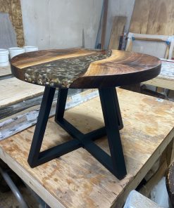 2ft Round Black Walnut Epoxy River with Rock Feature Coffee Table 2
