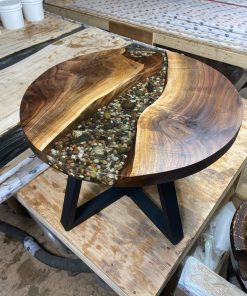 2ft Round Black Walnut Epoxy River with Rock Feature Coffee Table