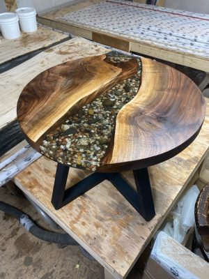 2ft Round Black Walnut Epoxy River with Rock Feature Coffee Table