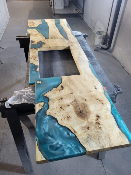 7ft x 2.5ft Variable width Kitchen Counter Mappa Burl + Epoxy Rivers + Cutout for sink woodify