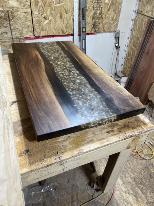 Custom Office Desk Epoxy River Black Walnut Rock Features - Woodify Canada