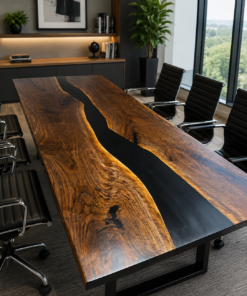 Black walnut boardroom table with black epoxy river, 9ft x 3.5ft, full view