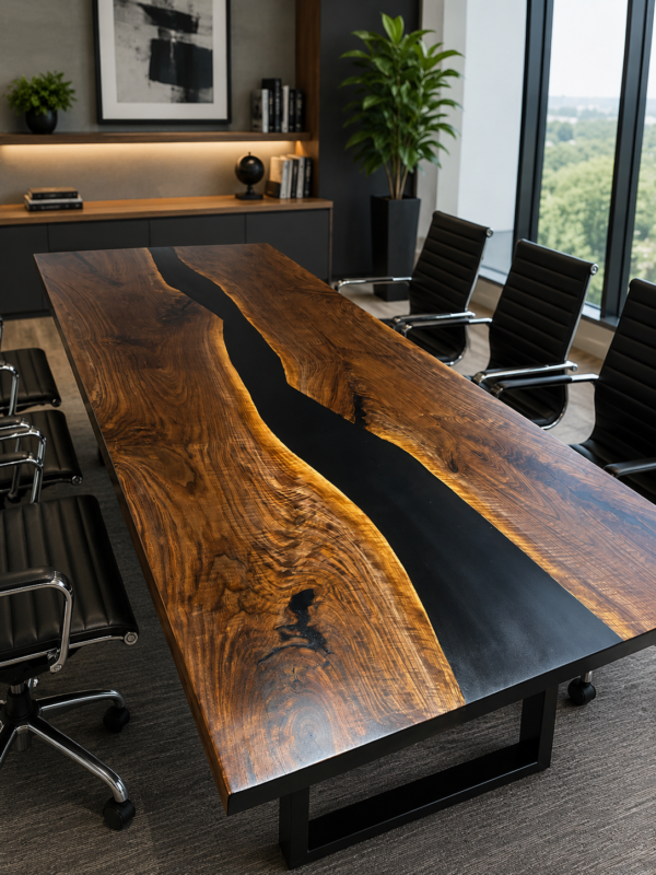 Black walnut boardroom table with black epoxy river, 9ft x 3.5ft, full view
