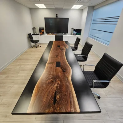 Executive epoxy river boardroom table with custom steel legs