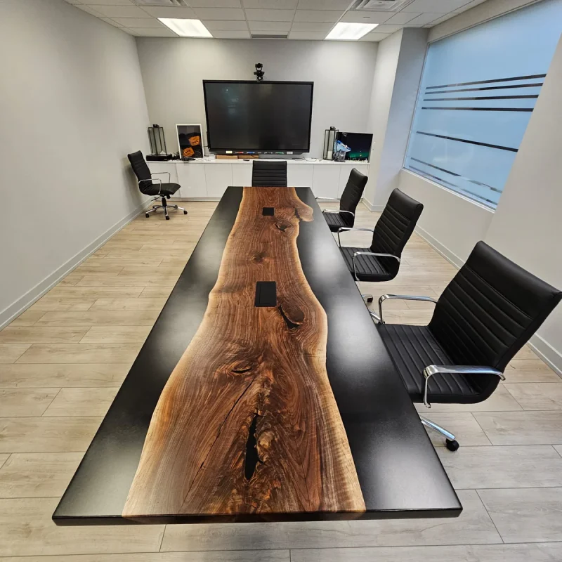Executive epoxy river boardroom table with custom steel legs