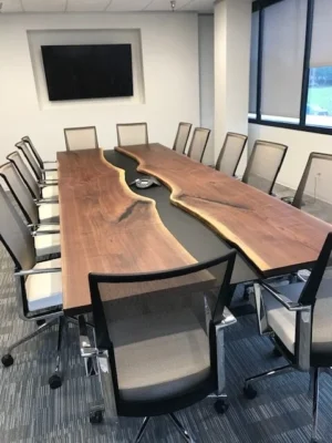 bookmatched black walnut slabs epoxy river dining table