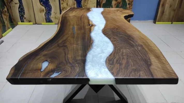 white epoxy black walnut dining table